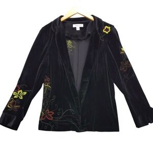 Coldwater Creek Black Velvet Embroidered Floral Open Front Blazer Jacket Sz M